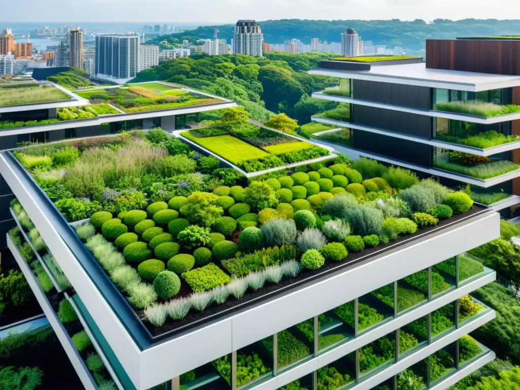 Vista aérea impresionante de una ciudad moderna con azoteas verdes que se integran armoniosamente en el paisaje urbano