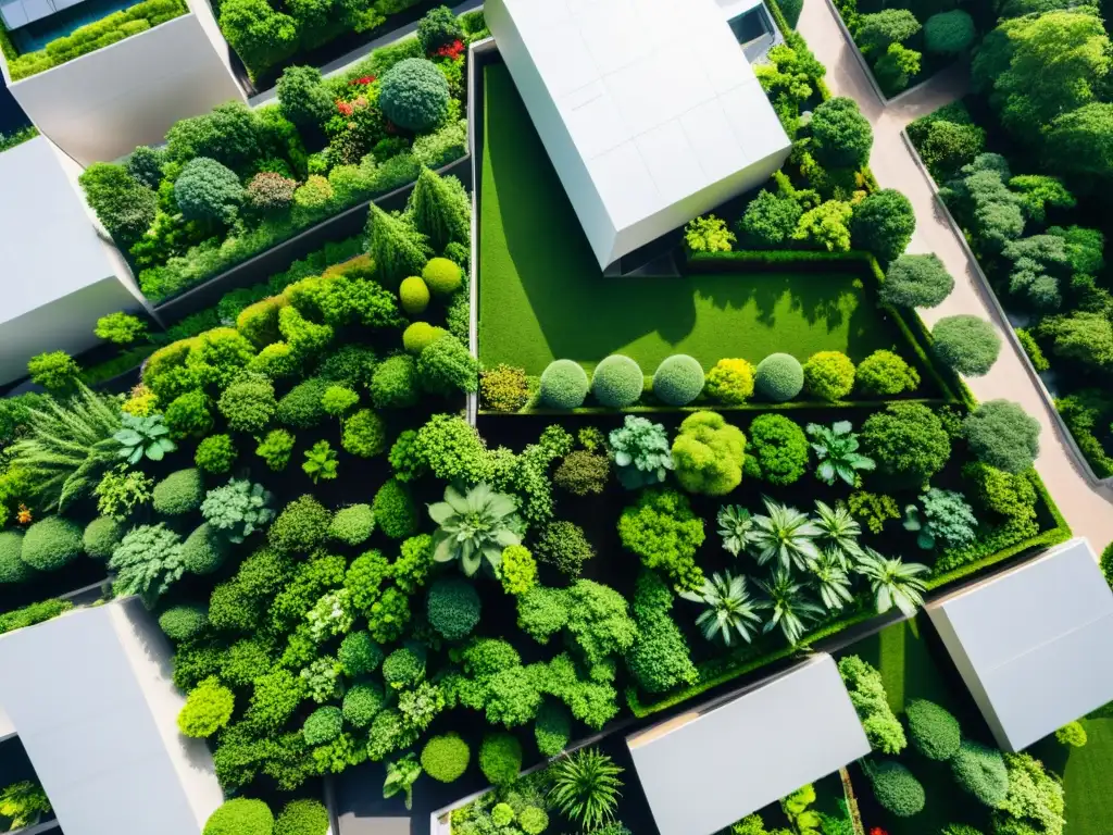 Vista aérea impresionante de una ciudad con rascacielos rodeados de jardines en azoteas verdes, ofreciendo beneficios para la salud mental