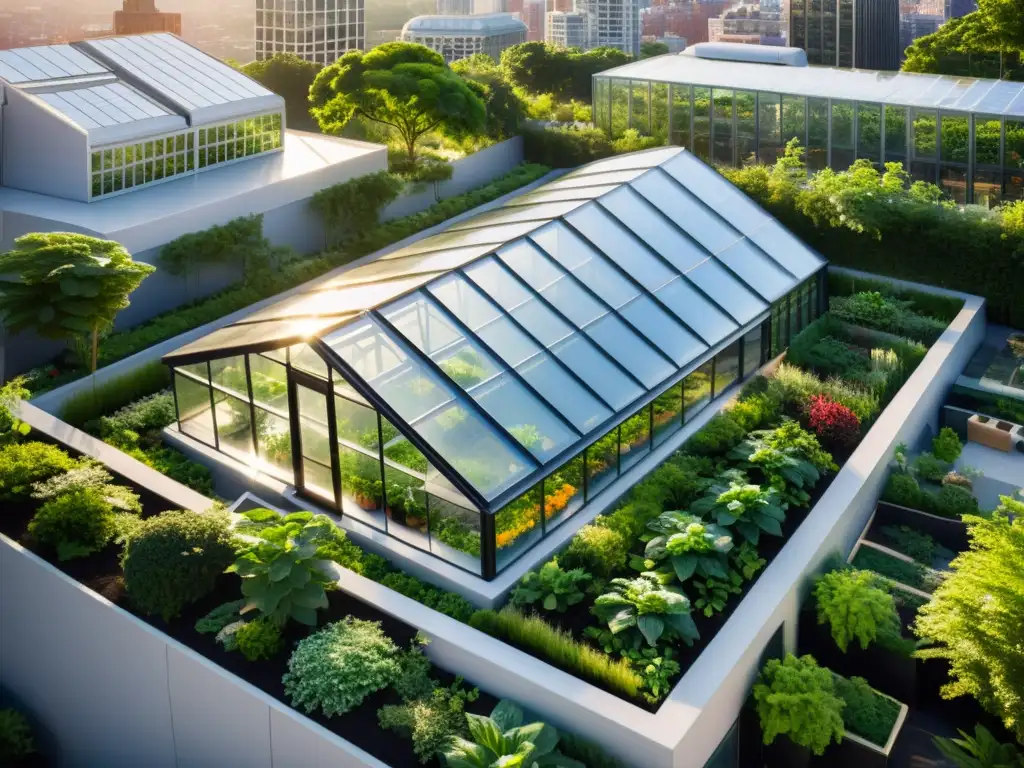 Vista aérea de invernadero oculto en la ciudad, reflejando armonía entre naturaleza y urbe moderna, invernaderos ocultos ciudades lejanas