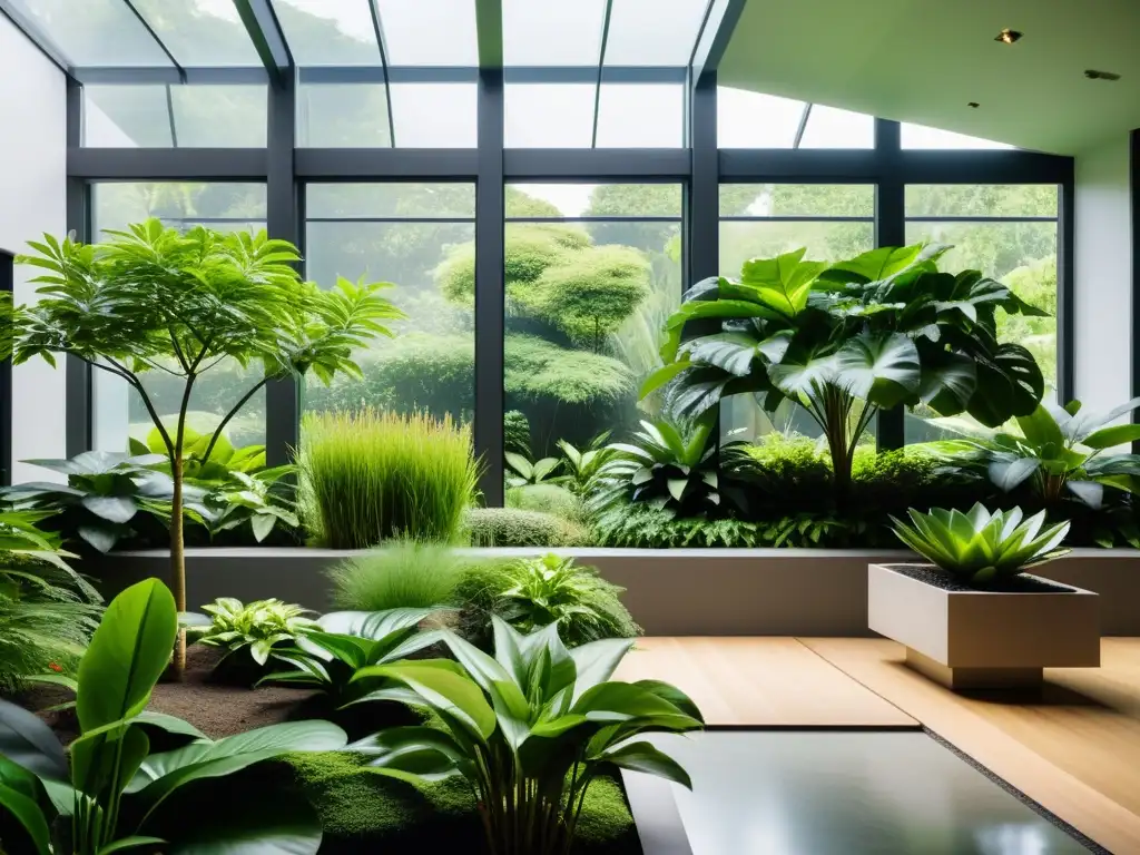 Vista apacible de un jardín botánico interior, con plantas exuberantes en macetas modernas, iluminado por suave luz natural