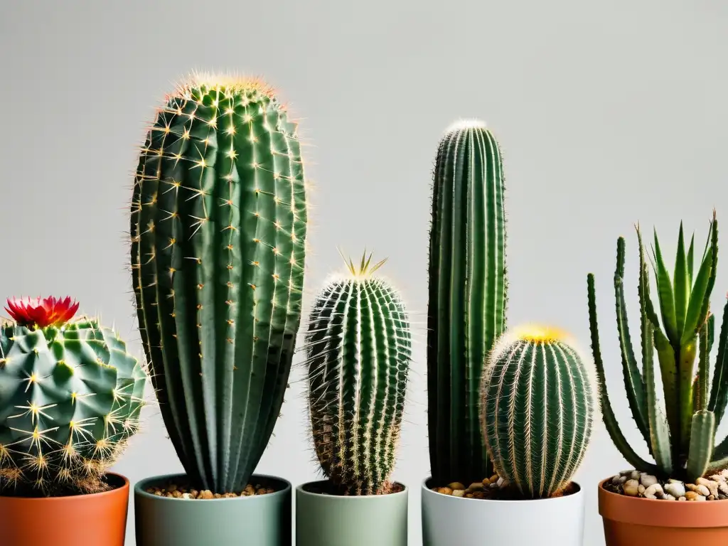 Vista cercana de cactus exóticos en elegantes macetas blancas