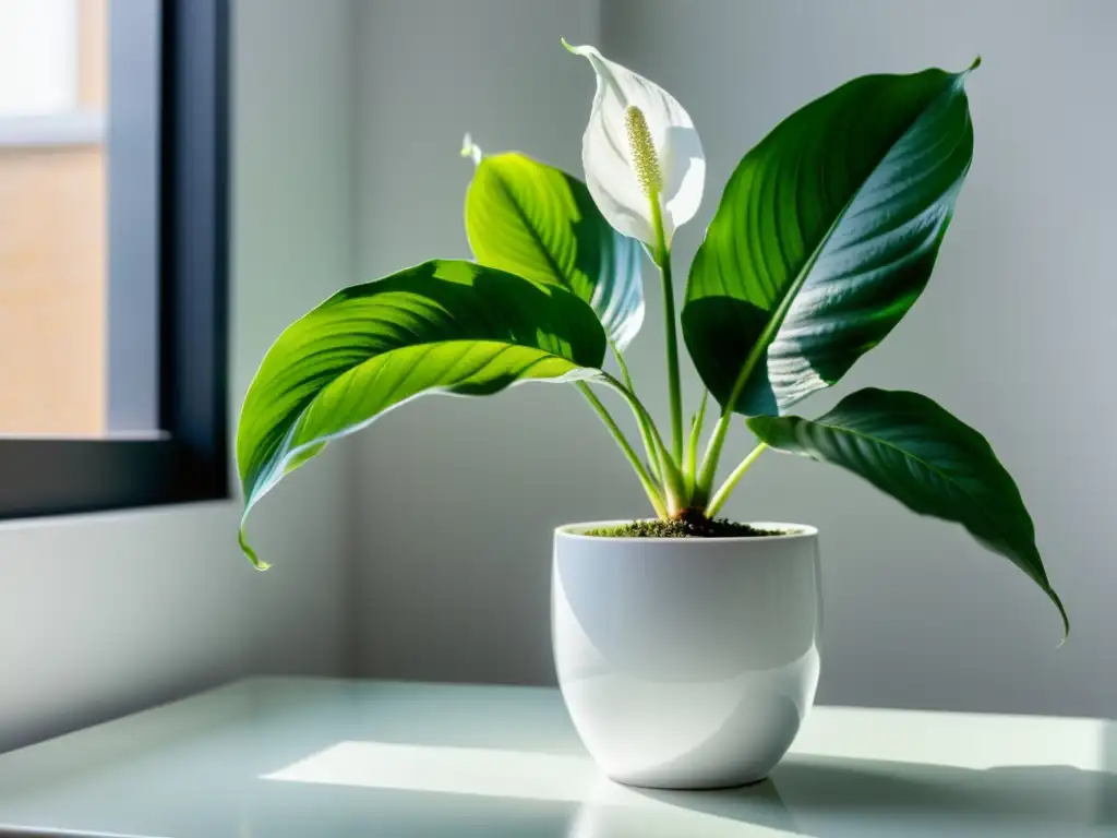 'Vista cercana de una exuberante planta lirio de la paz en maceta blanca, iluminada por luz natural