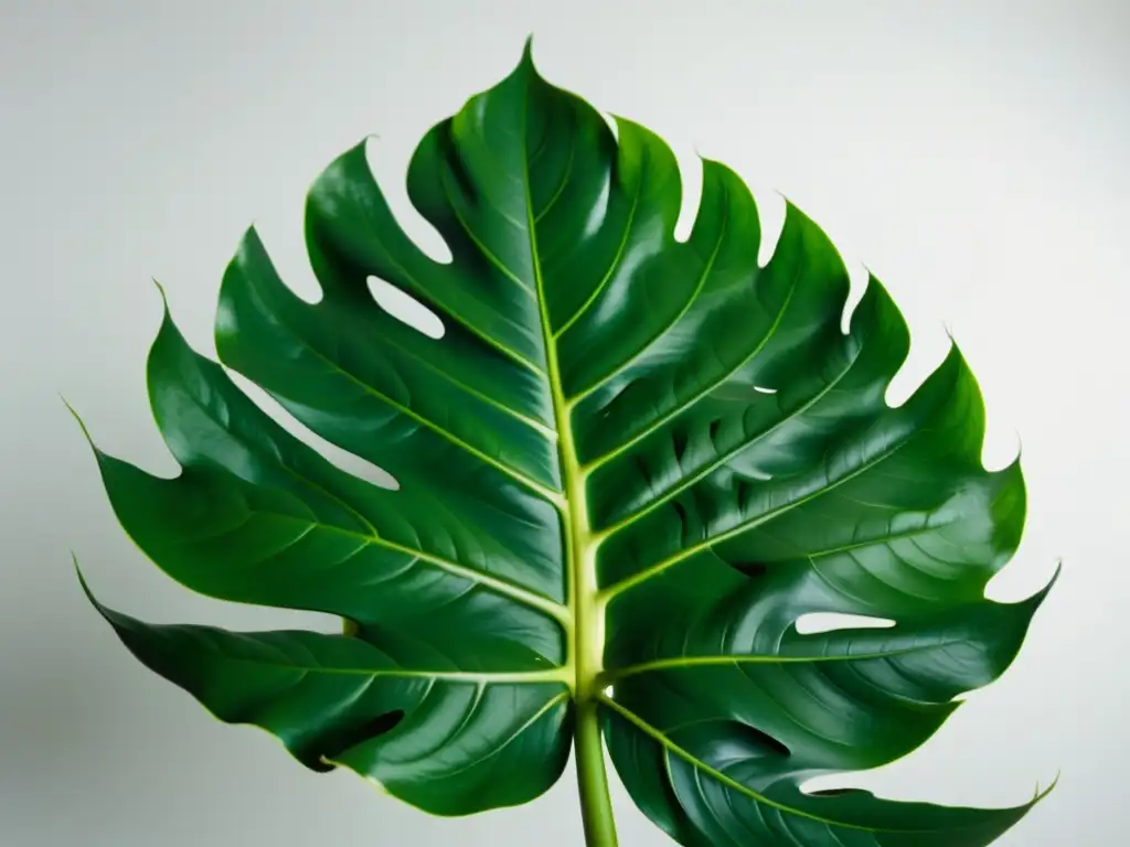 Vista cercana de una exuberante planta Monstera deliciosa aclimatándose en interiores, con hojas verdes brillantes y raíces aéreas visibles