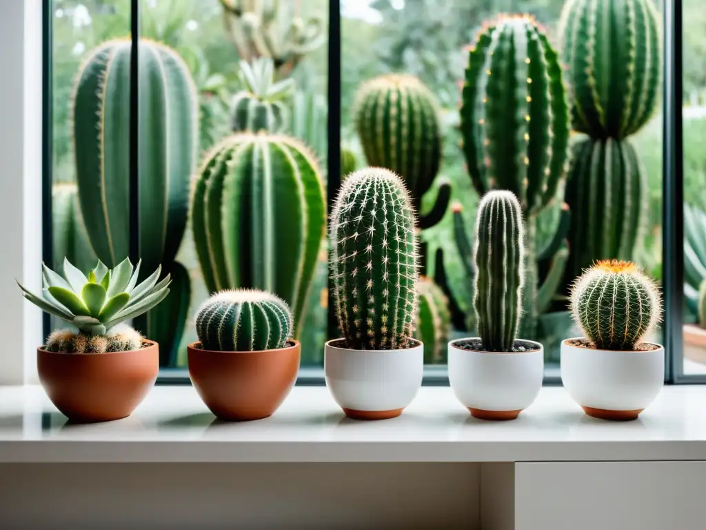 Vista cercana de sala moderna con cactus exóticos en elegantes macetas