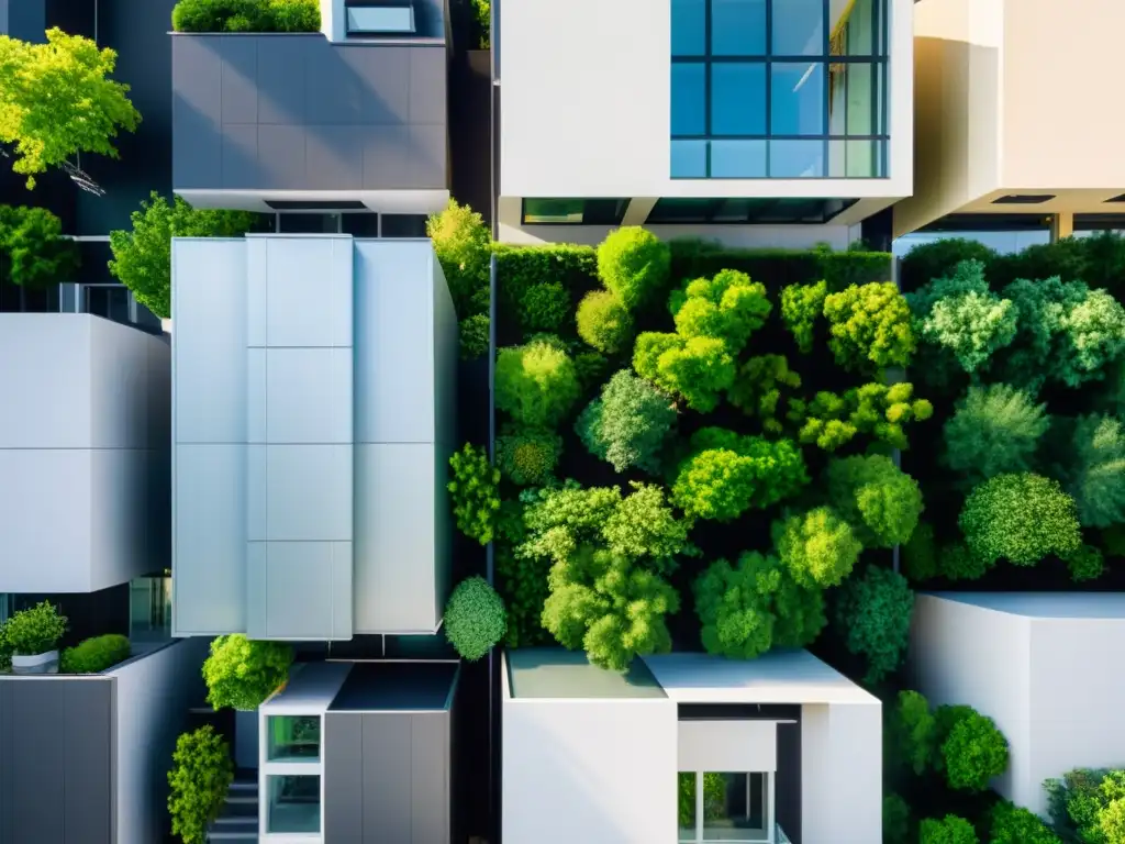 Vista detallada de una ciudad moderna con techos verdes para gestión pluvial, resaltando la armonía entre naturaleza y arquitectura urbana