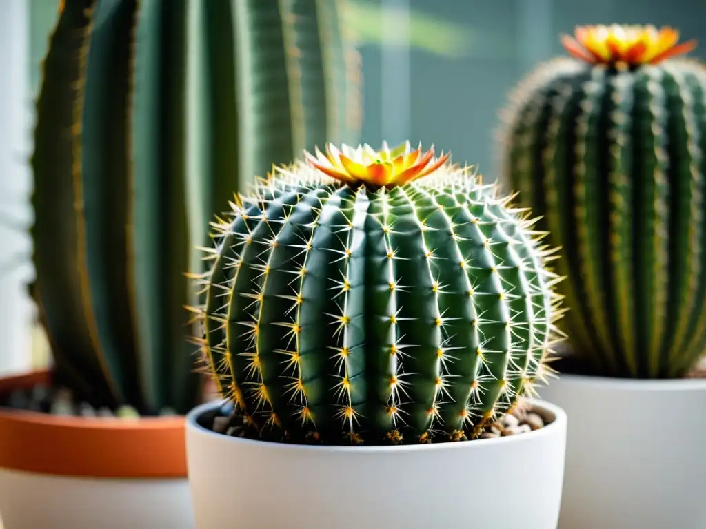 Vista detallada de cactus exóticos en macetas blancas, resaltando sus espinas