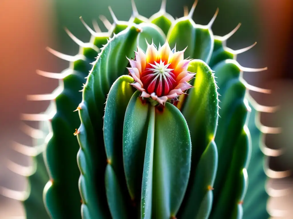 Vista detallada de un injerto perfectamente fusionado de cactus y suculentas en interiores, mostrando la unión vascular