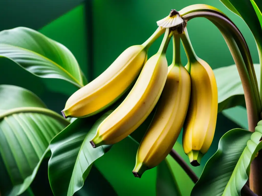 Vista detallada de una planta de banano con hojas verdes exuberantes y un racimo de plátanos maduros