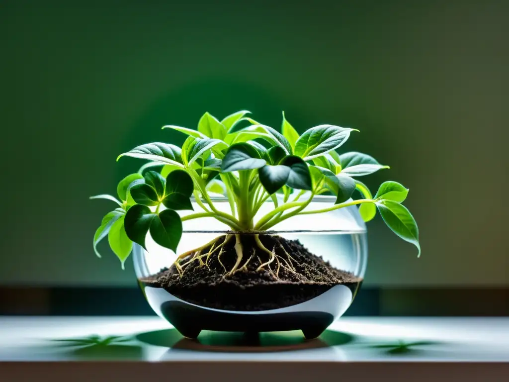 Vista detallada de planta de interior en maceta minimalista con biofertilizantes, resaltando microorganismos