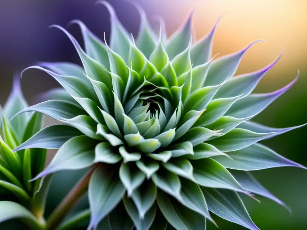 Vista detallada de una planta de Tillandsia, sus hojas plateadas forman una roseta perfecta