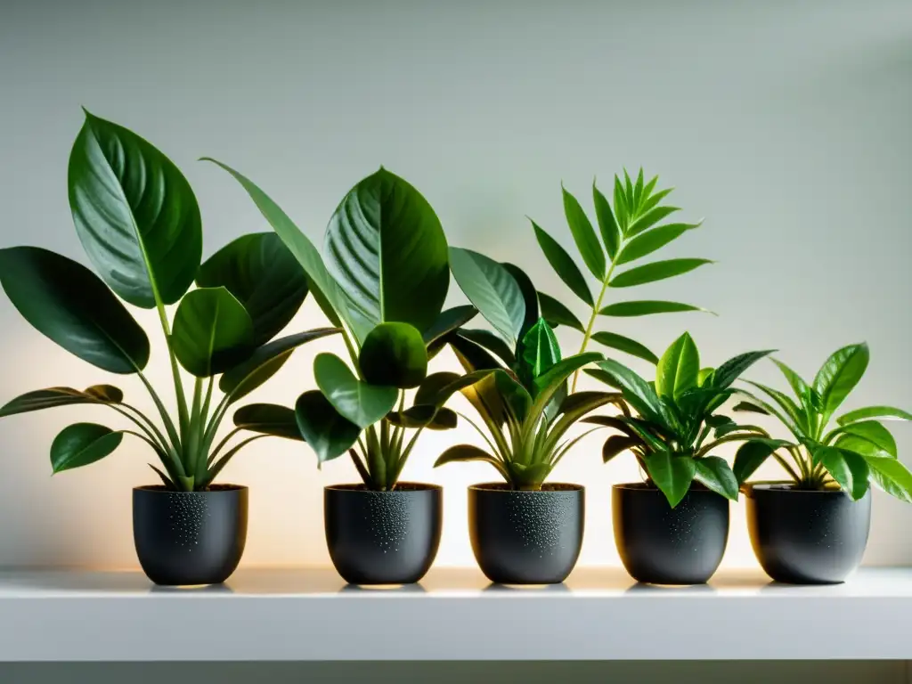 Vista detallada en 8k de plantas de interior con gotas de agua, mostrando transpiración y cuidados, bañadas en suave luz natural