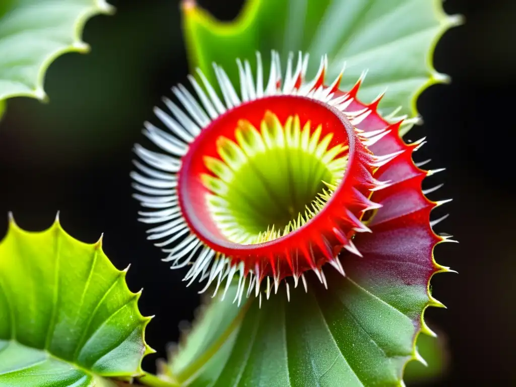 Vista detallada de una saludable planta Dionaea muscipula con hojas verdes y trampas rojas