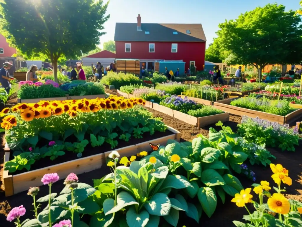 Vista detallada y vibrante de un jardín comunitario en plena floración, reflejando armonía, productividad y manejo de jardines comunitarios