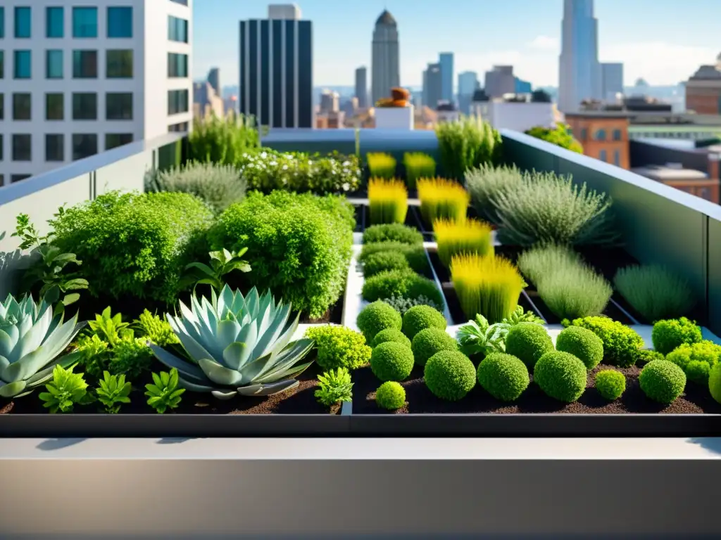 Vista detallada y vibrante de un moderno techo verde urbano con jardinería modular, exudando armonía y sostenibilidad