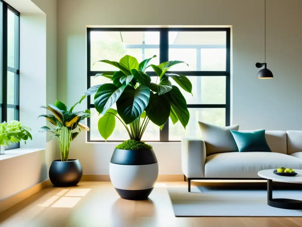 Vista elegante de sala de estar moderna con un exuberante arreglo de plantas hidropónicas, Avances en hidroponía para interiores