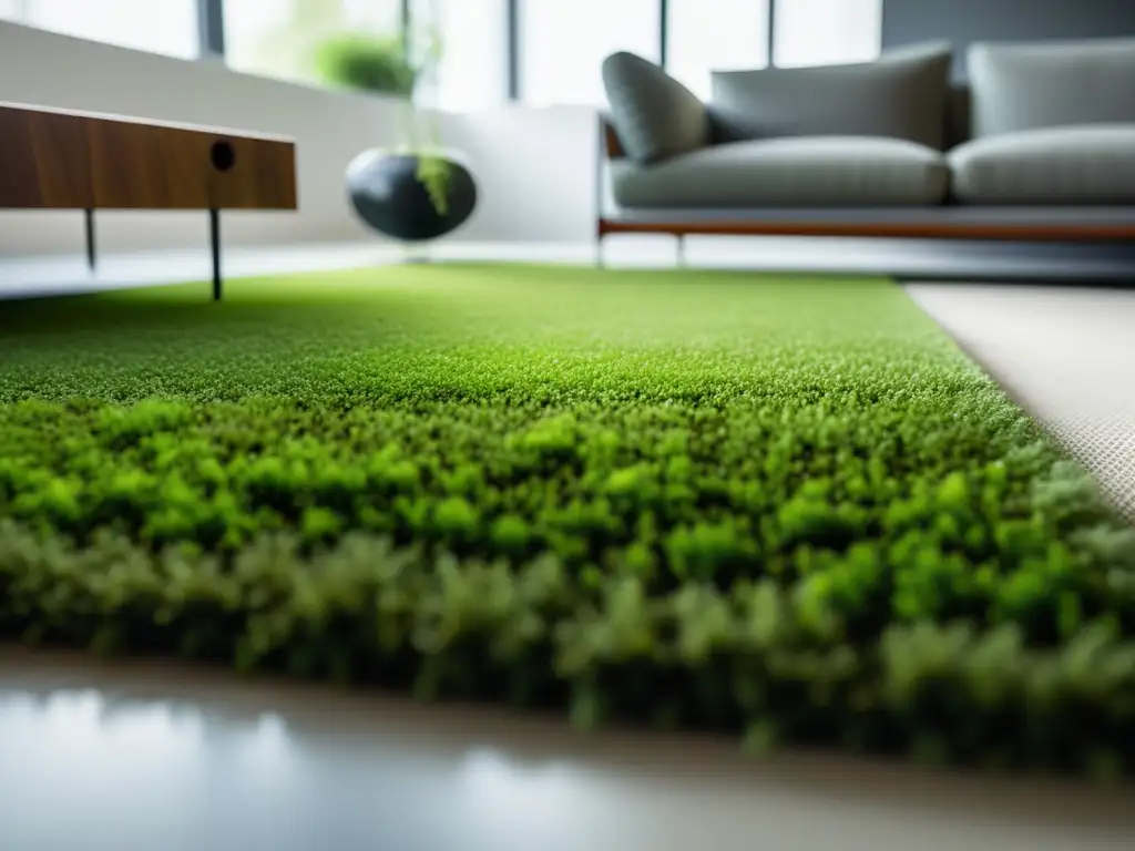 Vista de cerca de una exuberante alfombra de musgo verde en un salón moderno y soleado