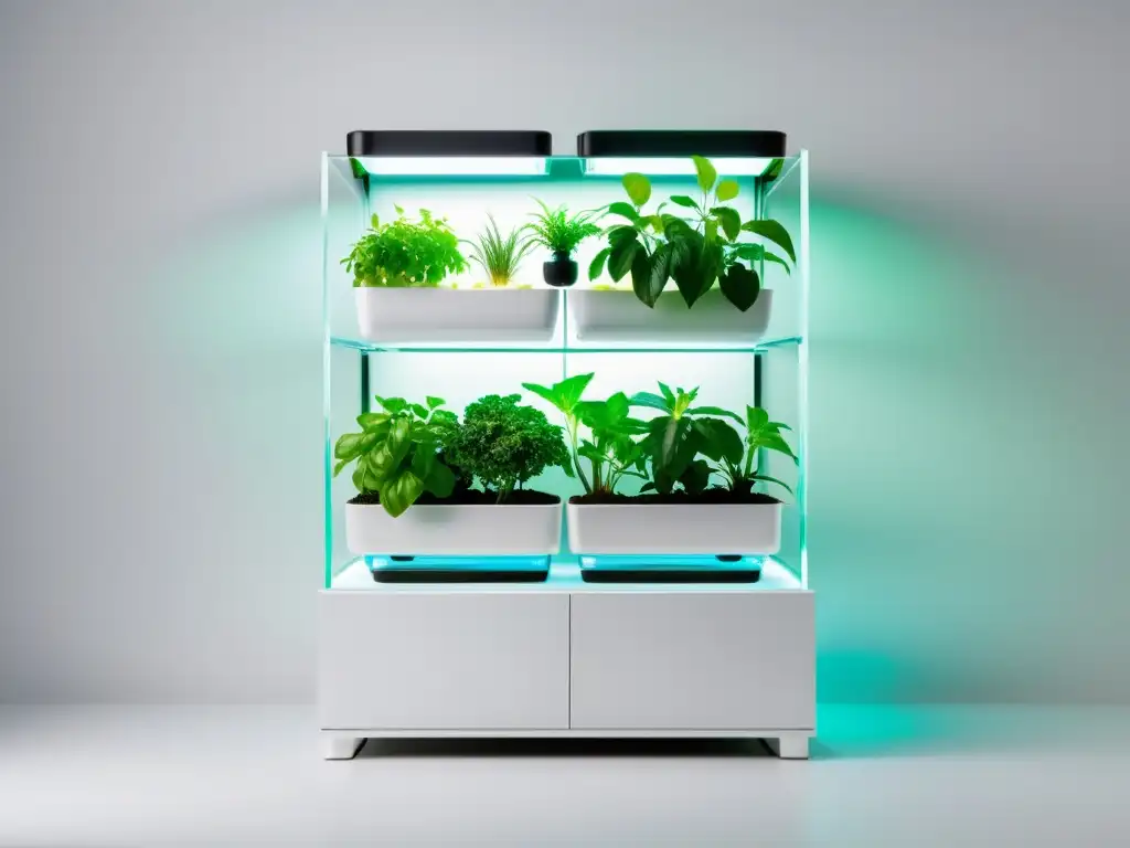 Vista futurista de cultivos en gel para plantas de interior, con raíces visibles en contenedores transparentes en estantes blancos modernos