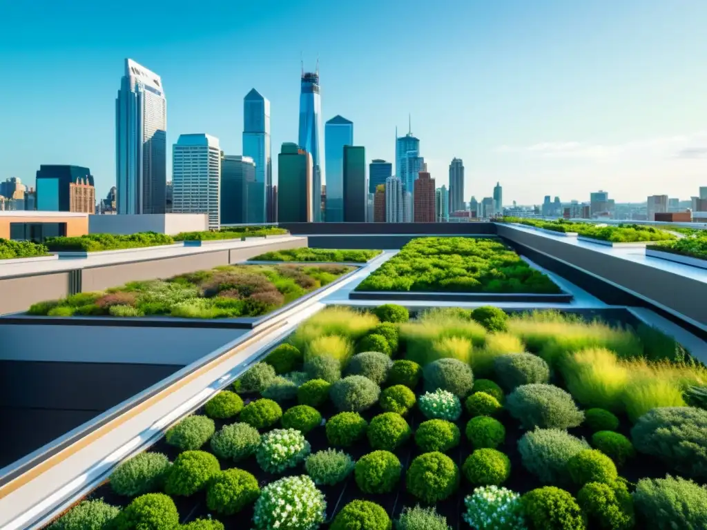 Vista impresionante de la ciudad con techos verdes para gestión pluvial, integrados de manera innovadora en la arquitectura urbana