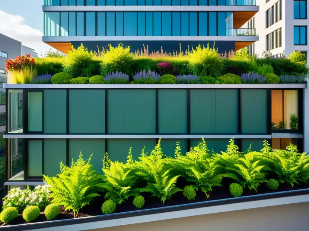 Vista impresionante de un edificio urbano moderno con un techo verde exuberante, destacando los beneficios de la eficiencia energética