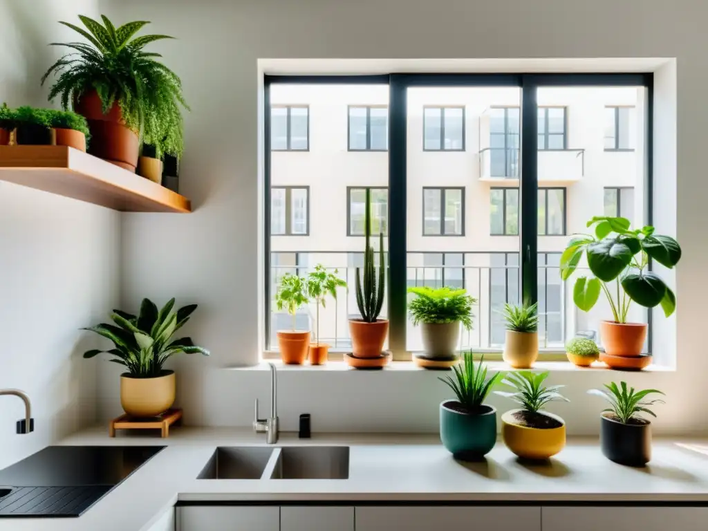 Vista interior de un apartamento compacto con hermosas plantas de interior estratégicamente colocadas