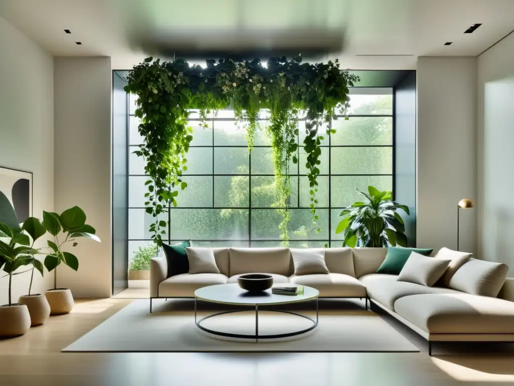 Vista interior de sala minimalista con plantas trepadoras para decoración interior, creando armonía orgánica y diseño contemporáneo