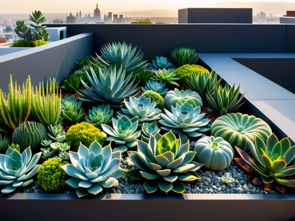 Vista panorámica de un jardín en azotea con las mejores plantas para azoteas, en un diseño moderno y sofisticado, bañado por la suave luz de la tarde