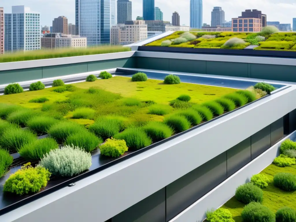 Vista panorámica de edificio urbano moderno con techo verde, resaltando eficiente gestión pluvial