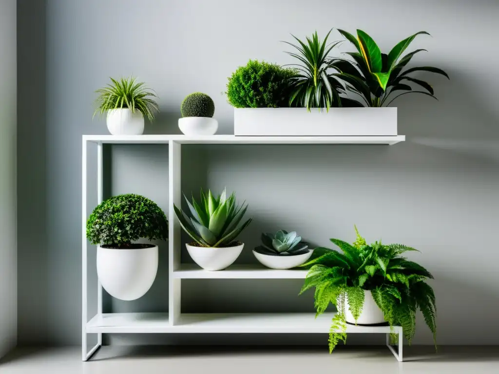 Vista de jardín interior con plantas exuberantes en macetas geométricas blancas