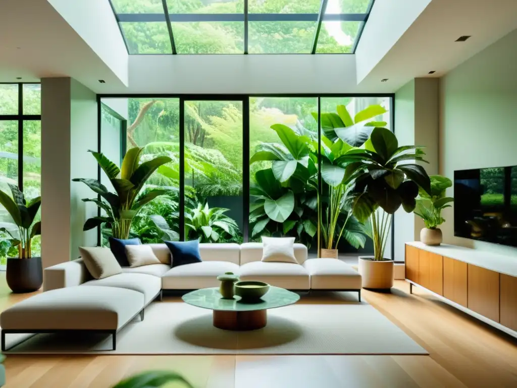 Vista 8k de sala minimalista con integración de plantas en arquitectura moderna, evocando tranquilidad y sofisticación