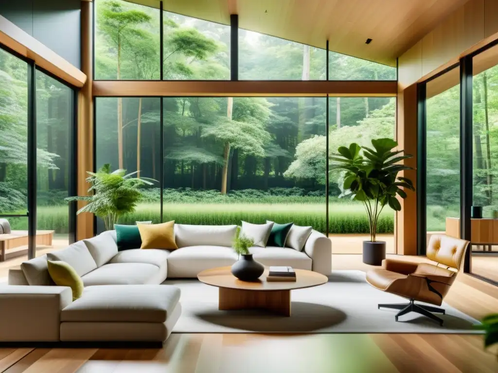 Vista de sala moderna con diseño biófilo para interiores, iluminada por luz natural y vistas a bosque verde