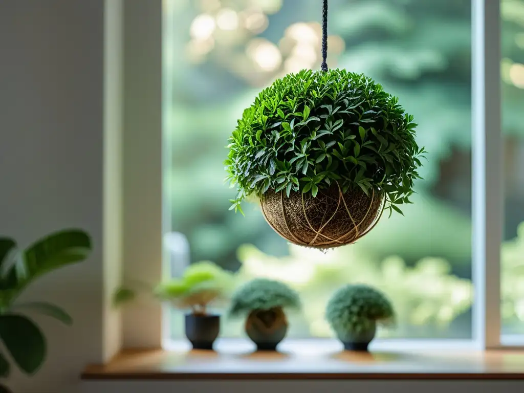 Vista 8K de un salón minimalista con una llamativa kokedama suspendida en el aire, bañado por suave luz natural