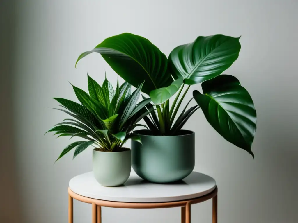 Vista serena de plantas de interior en soporte moderno y limpio