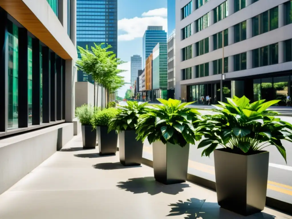 Vista urbana con plantas purificadoras aire entornos urbanos, reflejando armonía entre naturaleza y ciudad