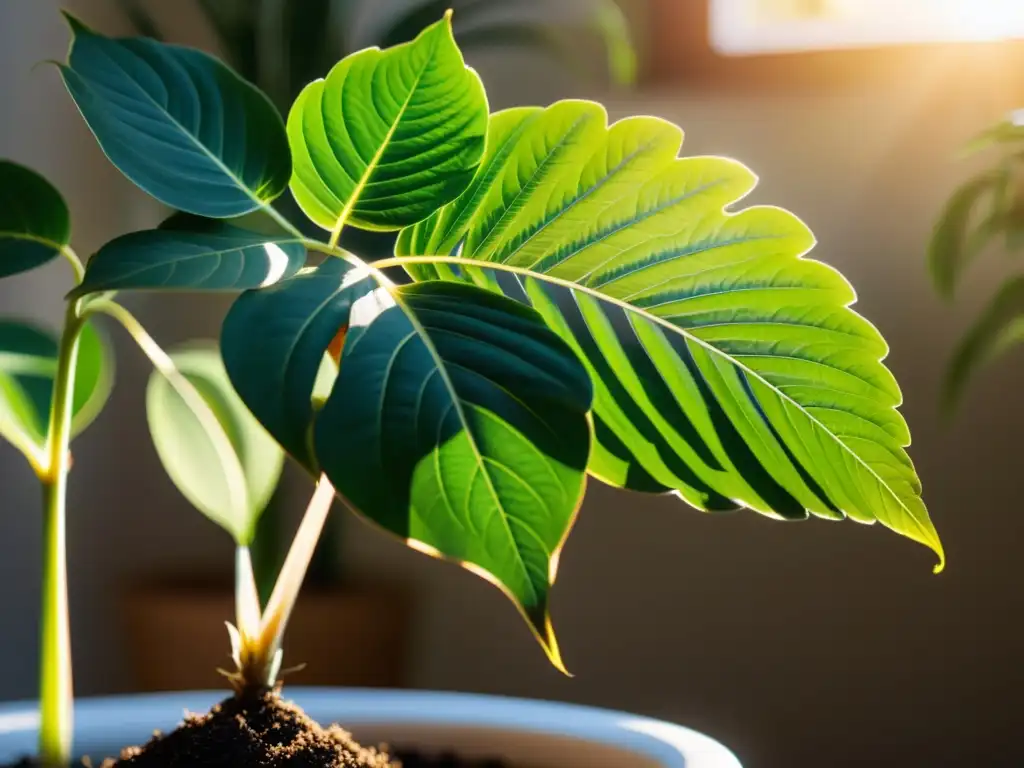 Comparación visual de planta de interior bajo luz natural y artificial, destacando la mejor luz para plantas de interior