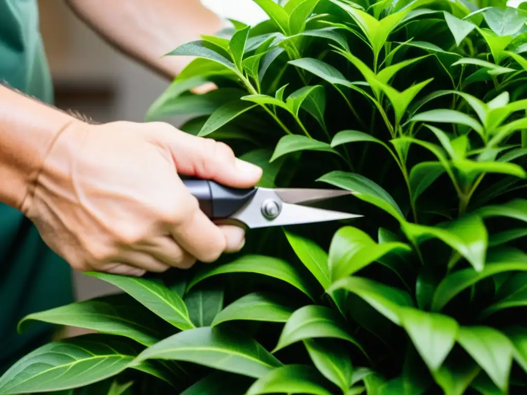 Guía visual para poda de plantas de interior: mano cuidadosa podando hojas verdes con precisión y serenidad